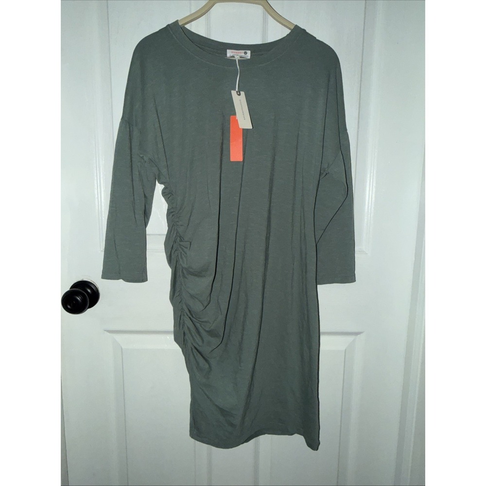NEW Anthropologie Sundry Moss Green 3/4 Sleeve Dress Size 2 M Cotton Gathered